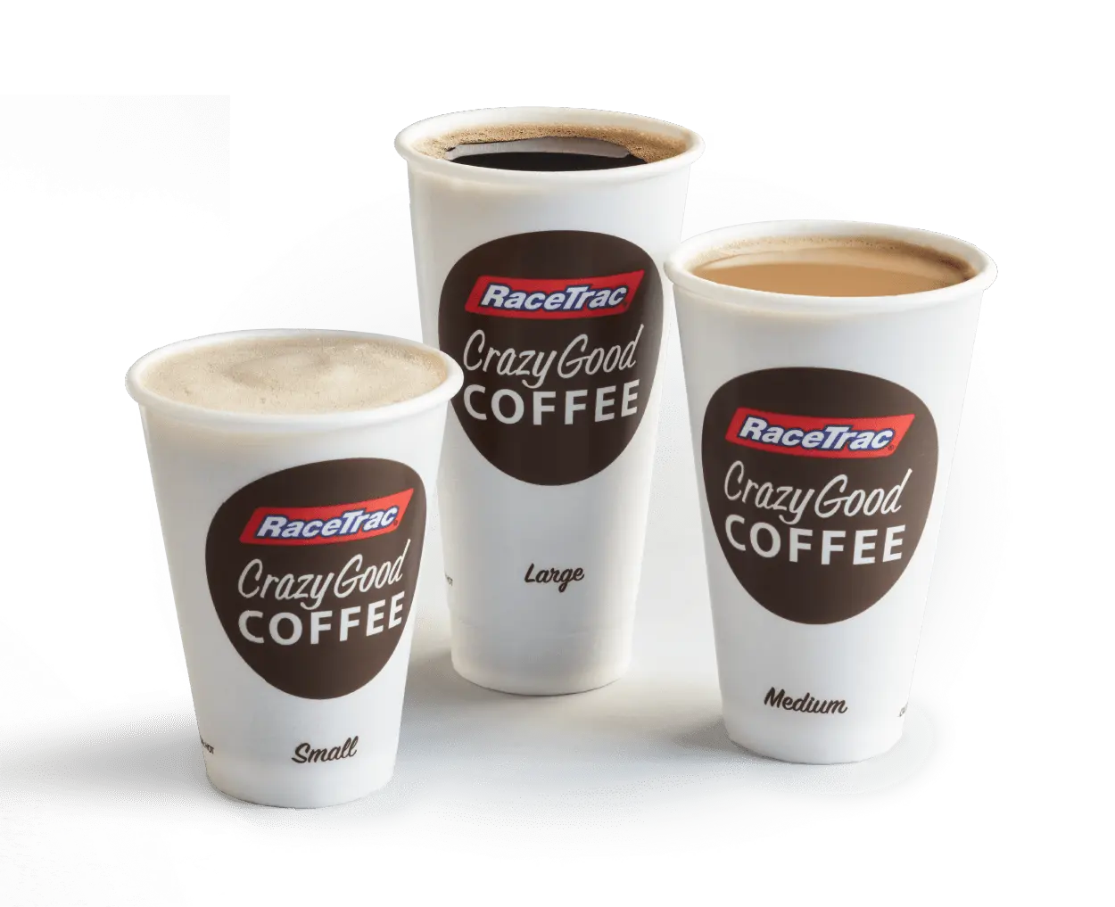 Small, medium, and large crazy good coffee from RaceTrac