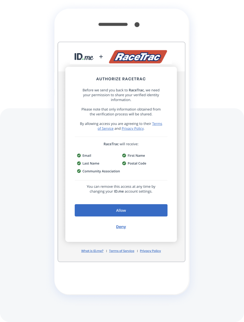 ID.Me and RaceTrac authorization screen 