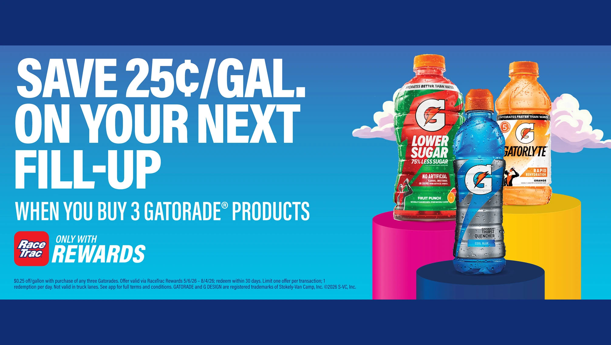 Save 25 cents per gallon on your next fill up when you buy three Gatorade products