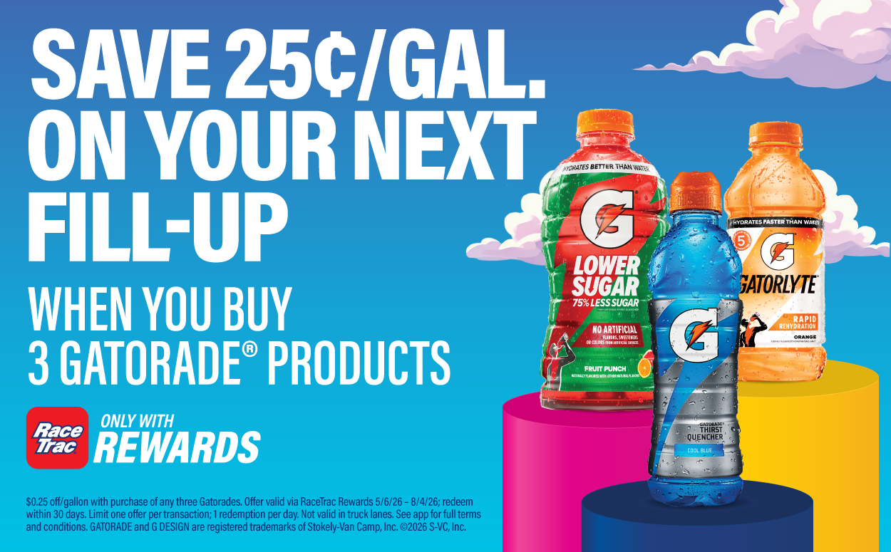 Save up 25 cents per gallon when you buy three Gatorade products