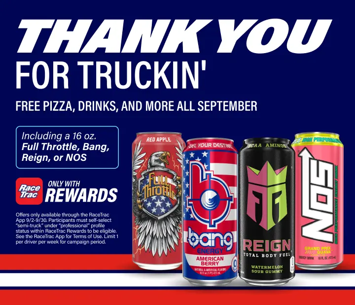 Pro drivers can enjoy weekly energy drinks for free all September with RaceTrac Rewards