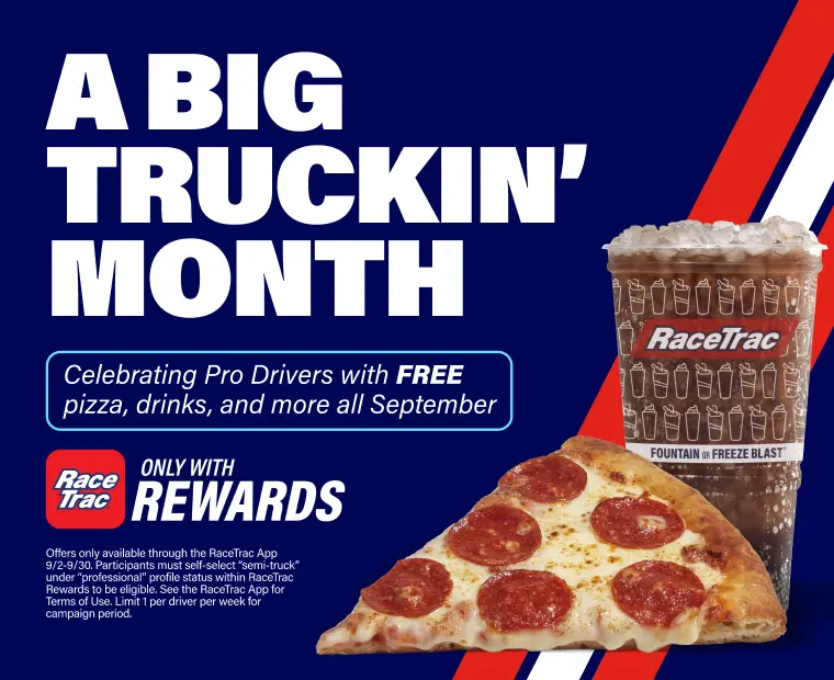 We're celebrating pro drivers with free pizza, drinks, and more all September with RaceTrac Rewards