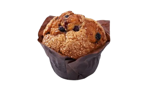 Blueberry muffin in a brown muffin wrapper