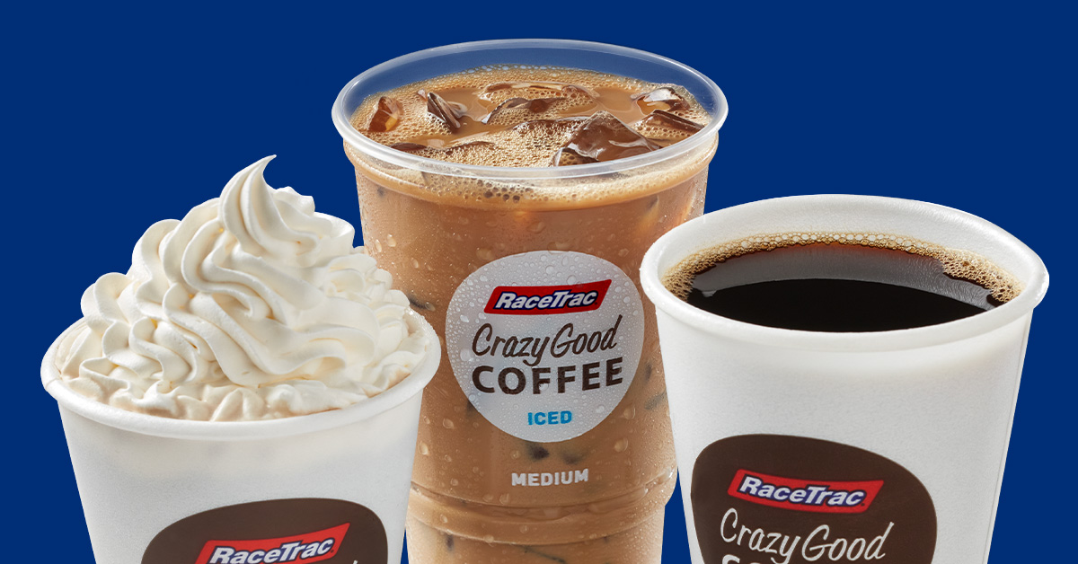 Zoom in on a coffee with whipped cream, iced coffee, and a hot plain coffee.