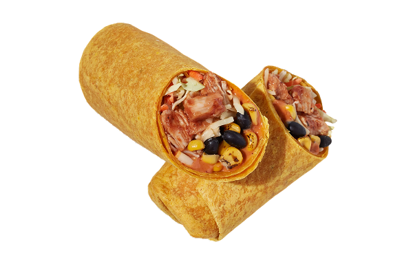 chicken, salsa, black bean, and corn sandwich wrap. 
